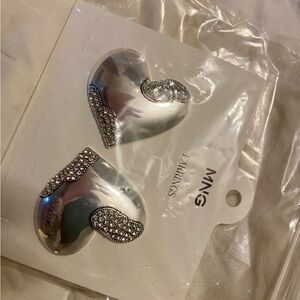 Silver Heart Earrings with Rhinestones